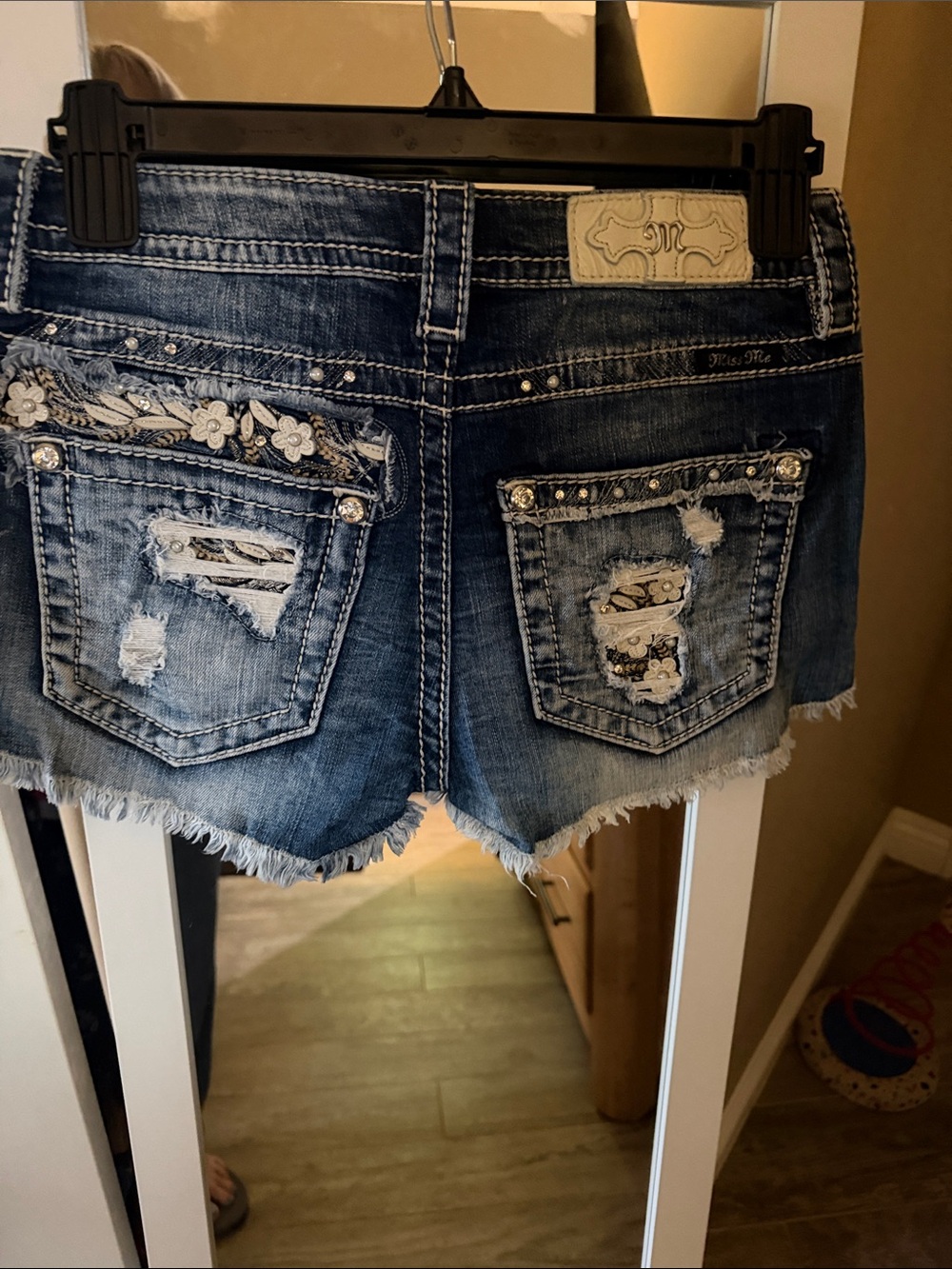 Miss Me Blue Distressed Embroidered Denim Shorts with Rhinestones
